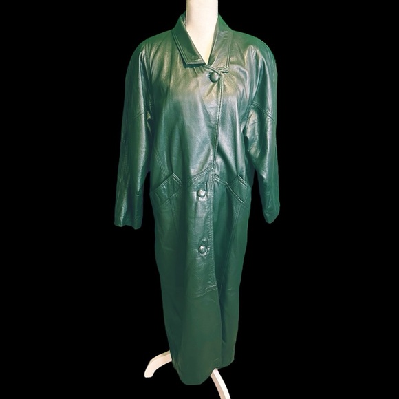 Synergy Vintage Y2K Forest Green 100% Leather Longline Button Front Coat Size L - Picture 1 of 16